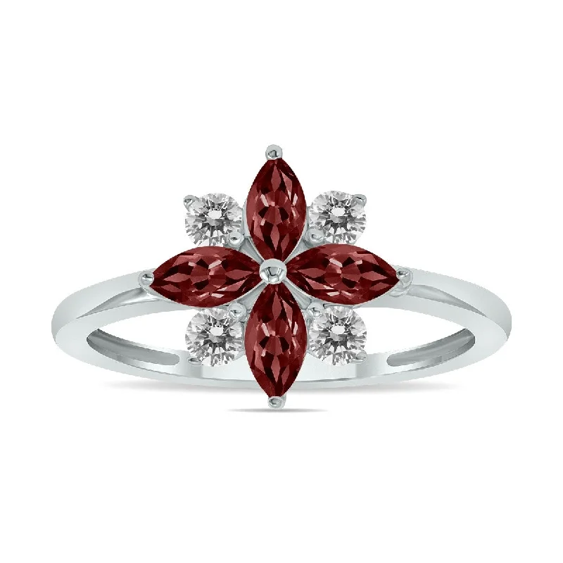 Teardrop crystal ring-Marquee Jewels 3/4 Carat TW Garnet and Diamond Flower Ring in 10K White Gold