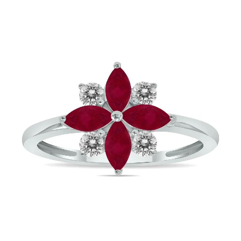 Double heart ring-Marquee Jewels 3/4 Carat TW Ruby and Diamond Flower Ring in 10K White Gold