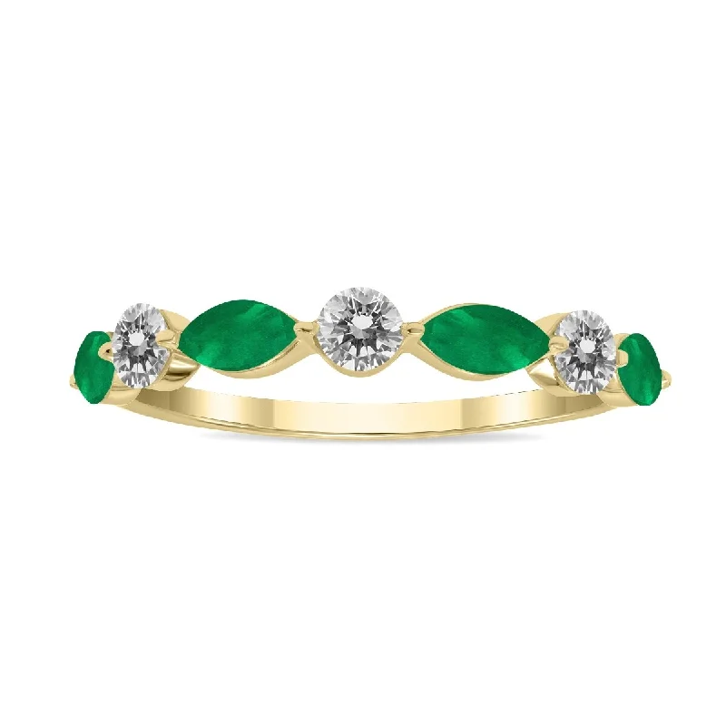 Stackable gem ring-Marquee Jewels 3/4 CTW Marquise Shape Emerald and Diamond Wedding Band in 10K Yellow Gold