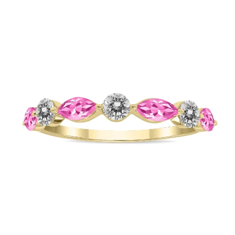 Minimalist bar ring-Marquee Jewels 3/4 CTW Marquise Shape Pink Topaz and Diamond Wedding Band in 10K Yellow Gold