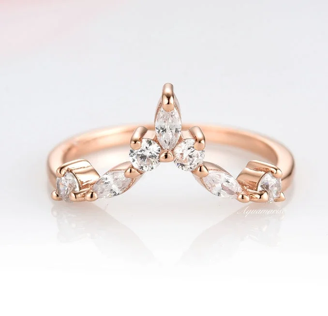 Ocean wave ring-Marquise Diamond or Moissanite Wedding Band- 14K Solid Rose Gold