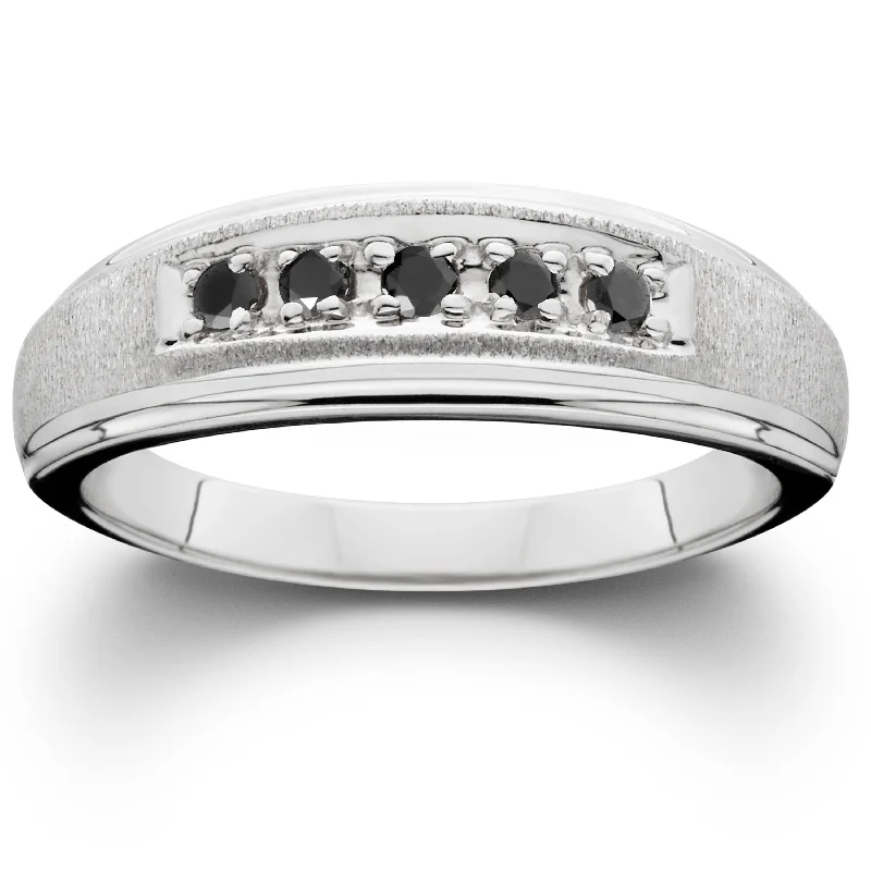 Cushion cut ring-Mens Black Diamond White Gold Ring Brushed Wedding Band