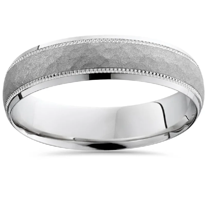 Ocean wave ring-Mens Hammered White Gold Wedding Band 5mm