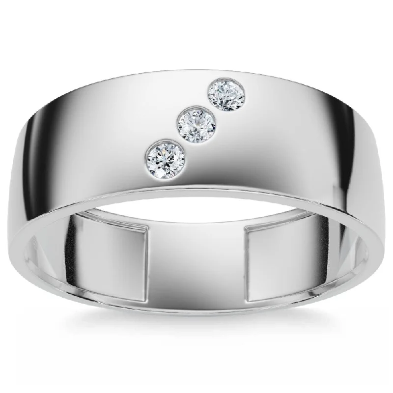 Simple titanium ring-Mens Three Stone Diamond Ring White Gold High Polished 7mm