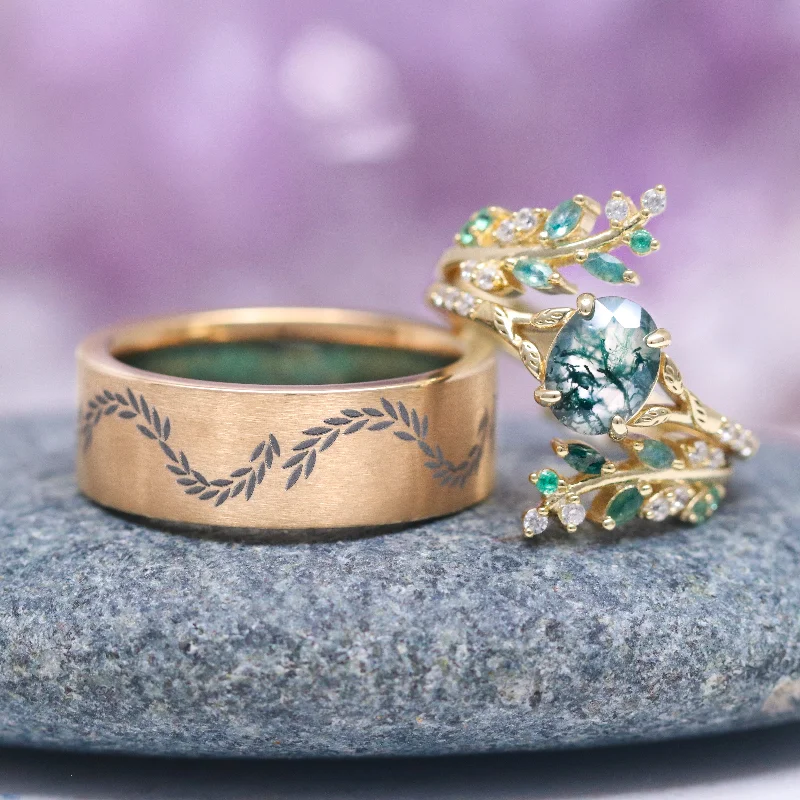 Crystal cluster ring-Moss Agate & Emerald Leaf Couples Ring Set