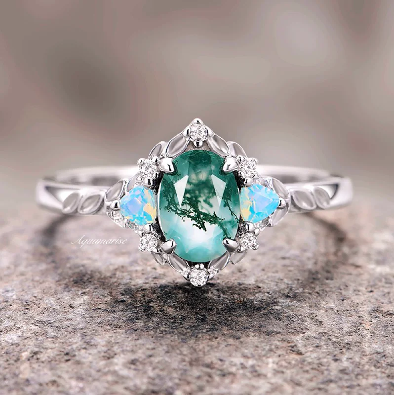 Custom engraved wedding ring-Moss Agate & Opalescent Sapphire Ring- 14K White Gold