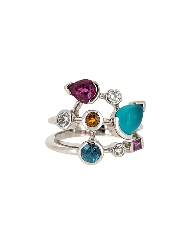 Double heart ring-14K White Gold Multi Gemstone Ring