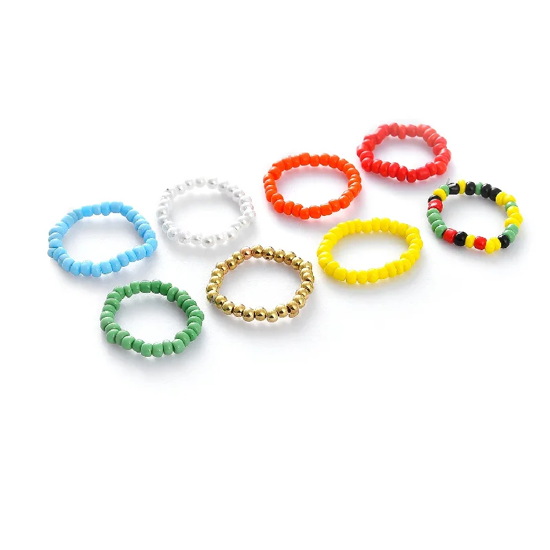 Rainbow gem ring-Multicoloure Pack Of 8 Trendy Designer Beaded Ring