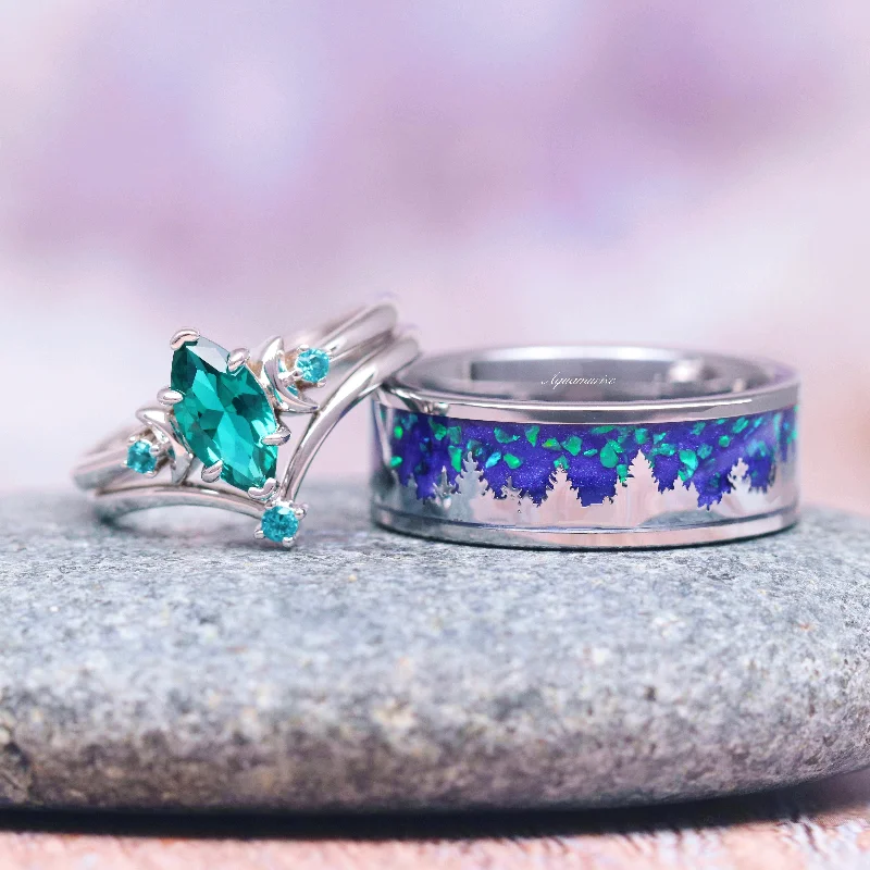 Hexagonal gem ring-Borealis Forest & Teal Sapphire Couples Ring Set- Northern Lights & Trees