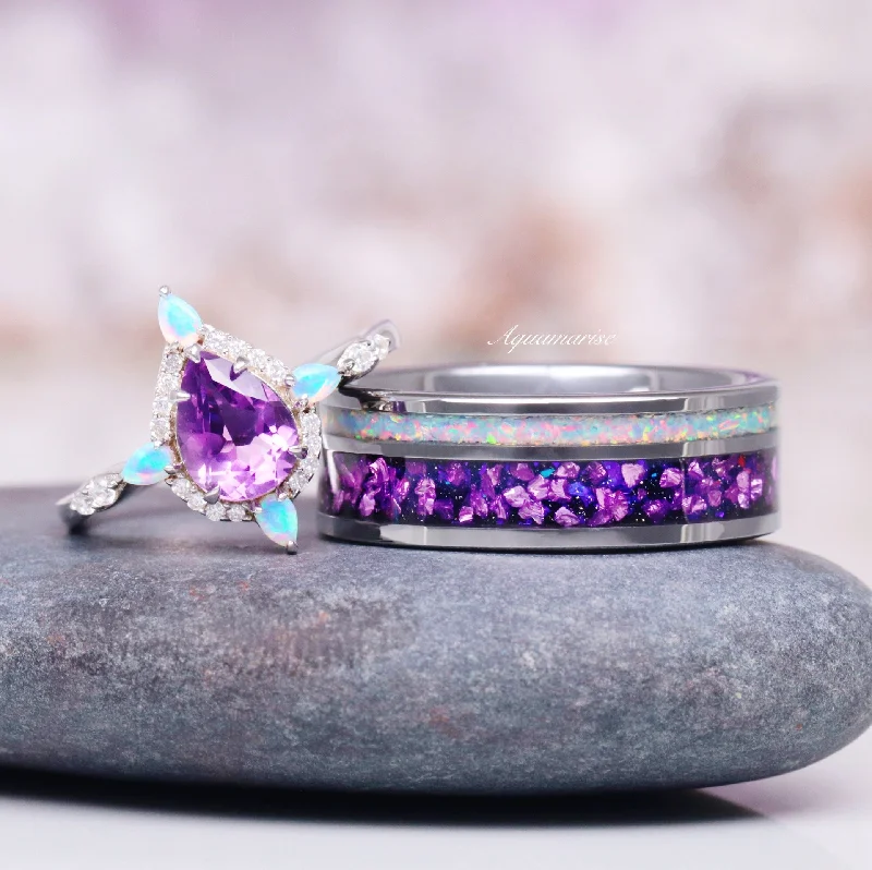 Adjustable moon ring-Amethyst & Galaxy Fire Opal Couples Ring