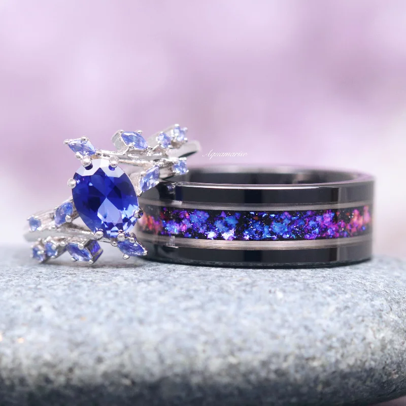 Lapis lazuli ring-Orion Nebula™ & Cornflower Sapphire Leaf Couples Ring