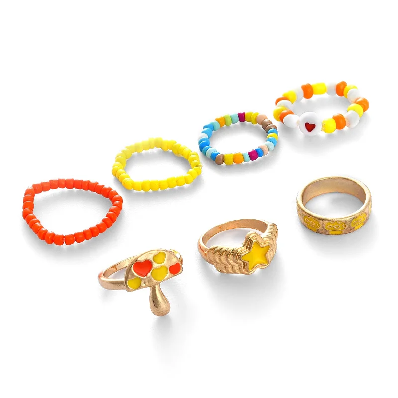 Side stone ring-Pack Of 7 Gold Plated Beaded Designer Ring