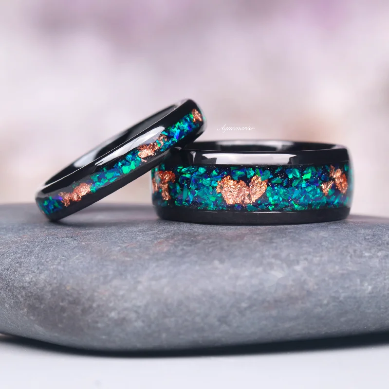 Bohemian turquoise ring-Peacock  Fire Opal & Rose Gold Leaf Couples Ring