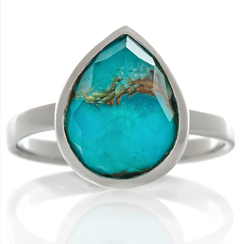 Side stone ring-Tanya: Pear Shape Faceted Quartz over Turquoise Right Hand Ring 925 Silver