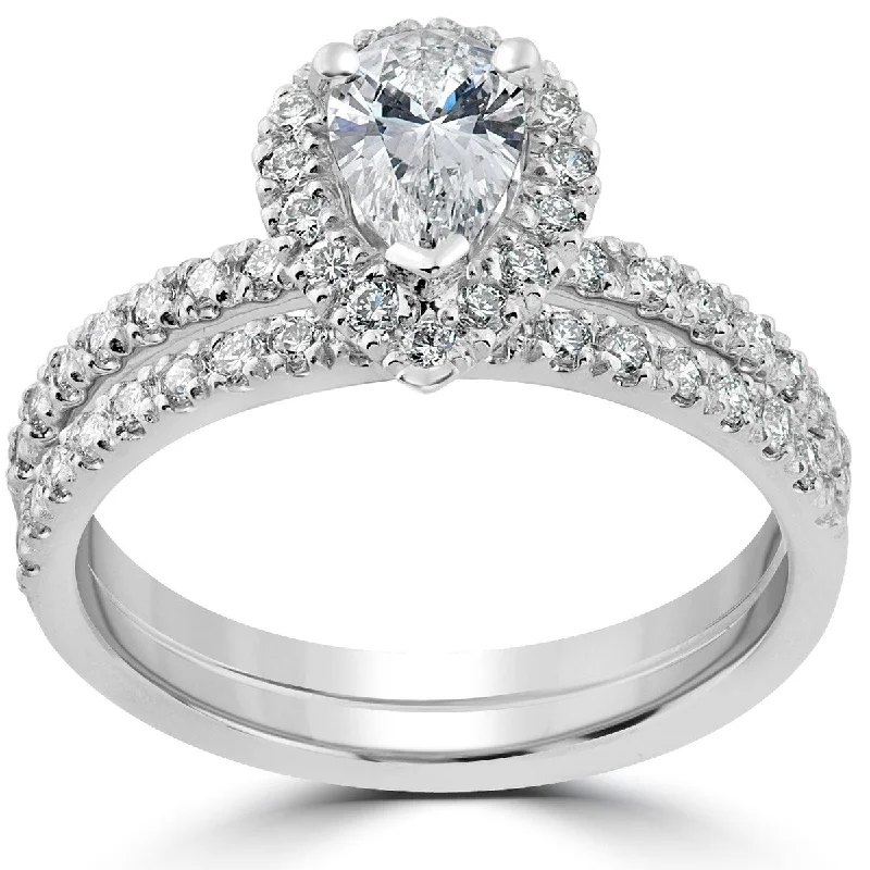 Two-tone anniversary ring-Pompeii3 1 1/10 Ct Pear Shape Diamond Halo Engagement Wedding Ring Set 14k White Gold