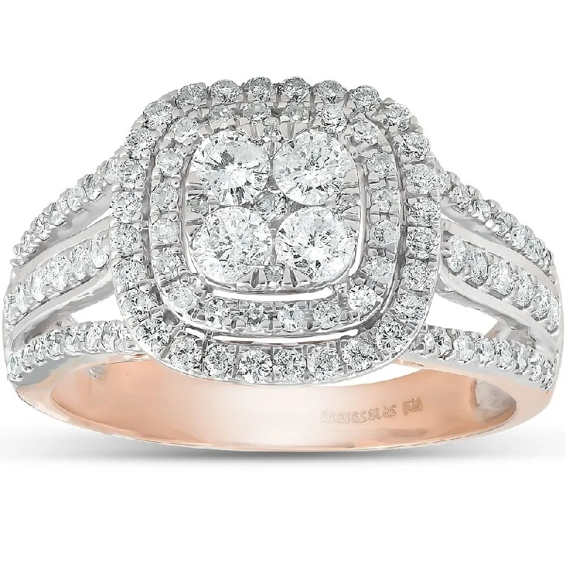 Rose quartz ring-Pompeii3 10k Rose Gold 1 /10 Ct TDW Cushion Halo Diamond Engagement Multi Row Ring