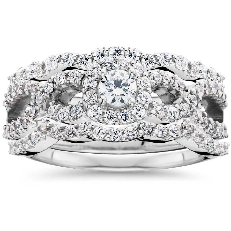 Hexagon shaped ring-Pompeii3 10K White Gold 1 1/0ct TDW Diamond Bridal Engagement Ring Set