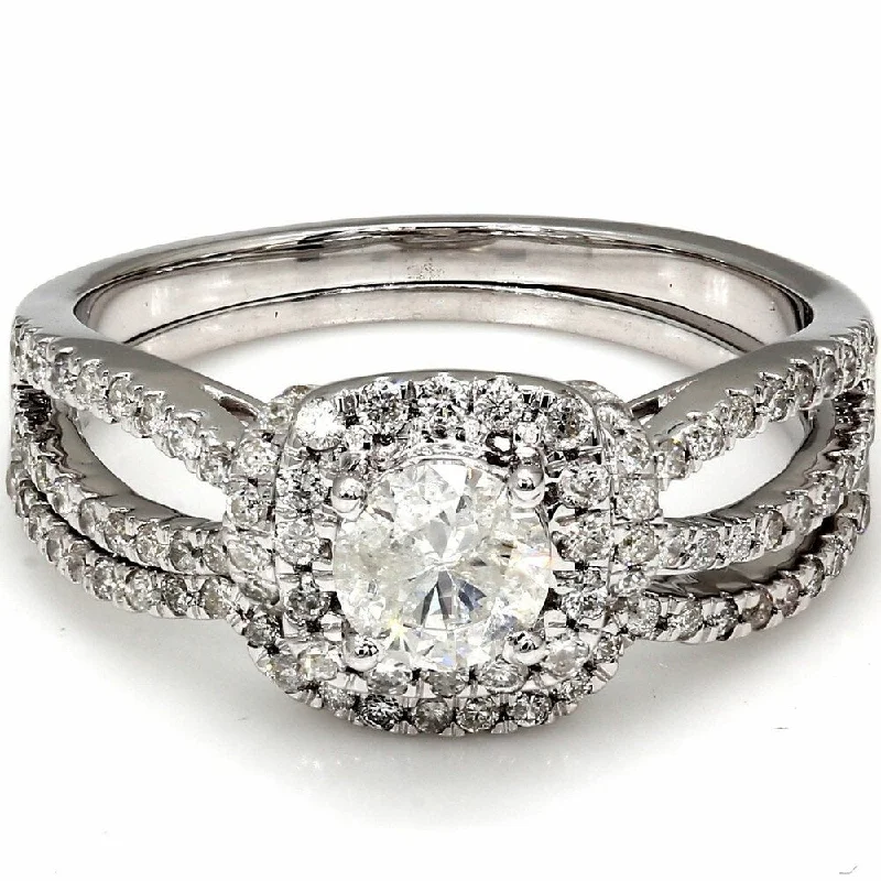 Triple stone ring-Pompeii3 10k White Gold 1 Ct. TDW Diamond Cushion Halo Vintage Engagement Wedding Ring Set