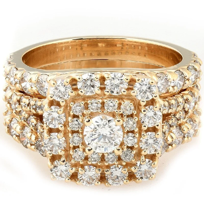 Double band cocktail ring-Pompeii3 10k Yellow Gold 3 1/2 Ct Diamond Cushion Halo Engagement Wedding Trio Ring Set