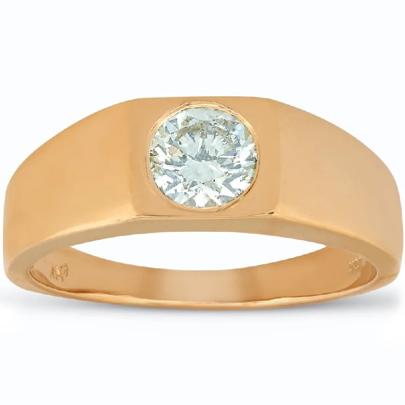 Aquamarine solitaire ring-Pompeii3 14k Yellow Gold 1 ct TDW Solitaire Round Brilliant Cut Diamond Mens Wedding High Polished Ring Clarity Enhanced