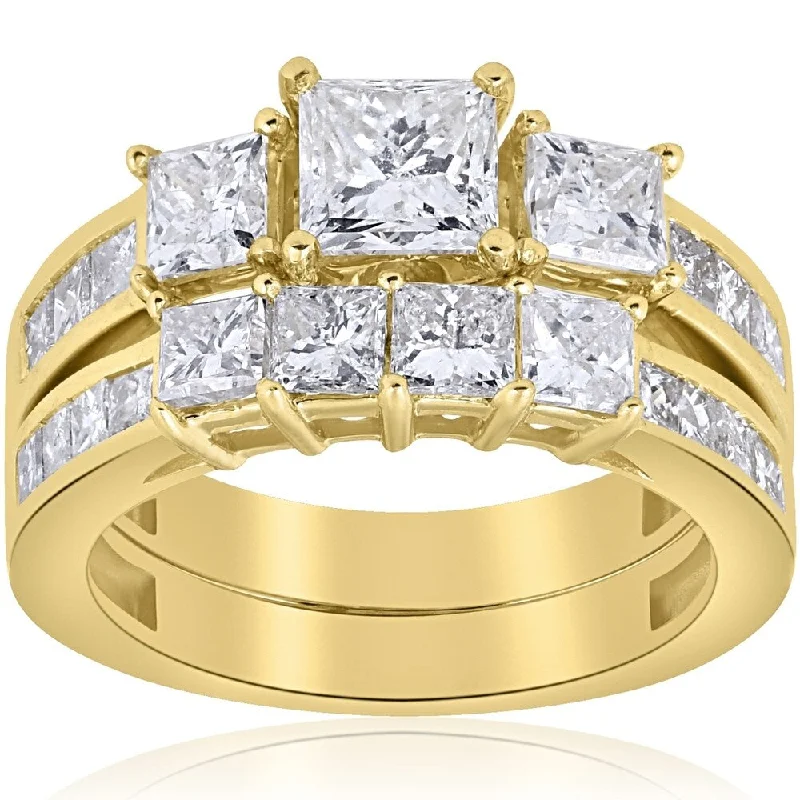 Marquise diamond ring-Pompeii3 14k Yellow Gold 3 1/2 ct TDW Princess Cut Clarity Enhanced Diamond Engagement Matching Wedding Ring Set - White