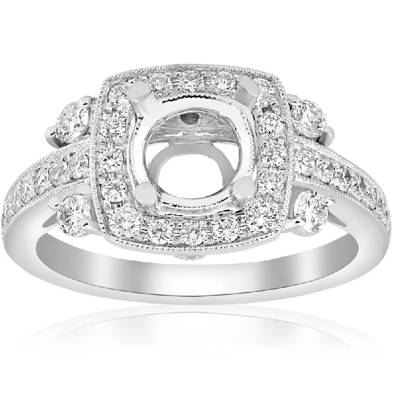 Custom engraved wedding ring-Pompeii3 18k White Gold .61 ct TDW Diamond Cushion Halo Unique Engagement Ring Setting Semi Mount Fits 7mm (F-VS)