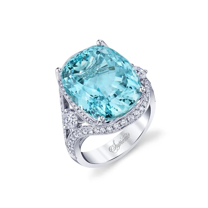 Geometric statement ring-Aquamarine Cocktail Ring with Diamonds