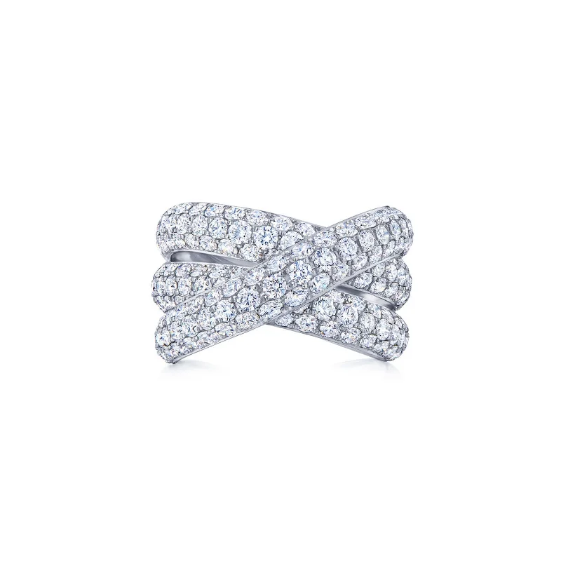 Braided gold ring-Moonlight Three-Row Crossover Ring with Pavé Diamonds