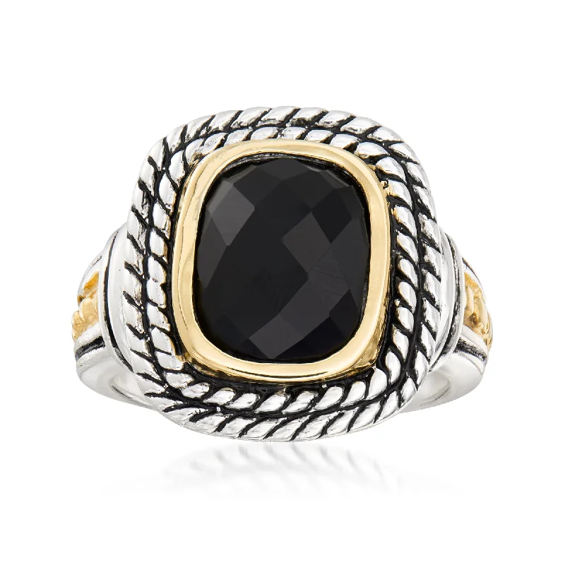 Dotted pattern ring-Ross-Simons Black Onyx Ring in Sterling Silver and 14kt Yellow Gold