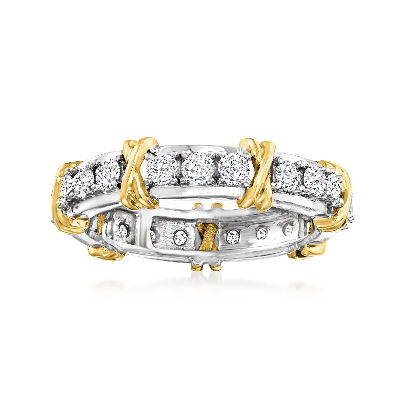 Chevron pattern ring-Ross-Simons Diamond X Station Eternity Band in 14kt 2-Tone Gold