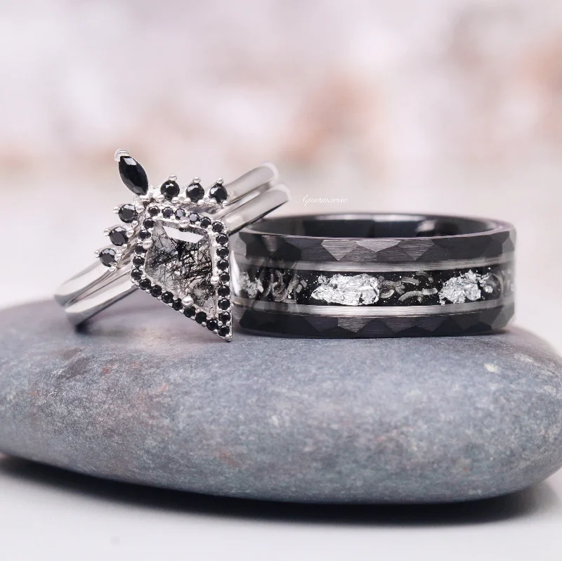 Simple titanium ring-Rutilated Quartz, Starry Night, Meteorite & Black Diamond Couples Ring