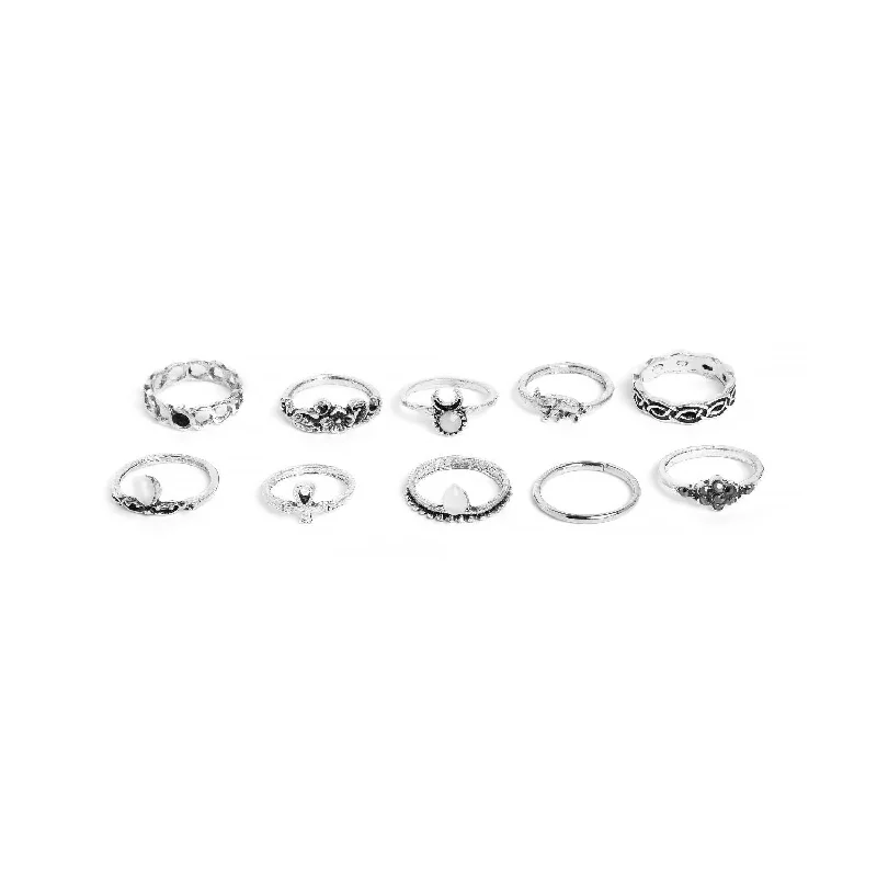 Victorian style ring-Set Of 10 Oxidized Silver-toned  White Adjustable Finger Rings