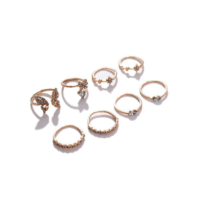 Gold plated stack ring-Set Of 8 Gold-plated White Stone-studded Finger Rings