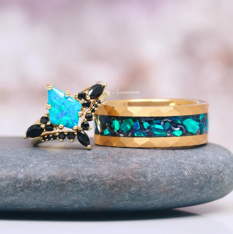 Rustic wooden ring-Skye Kite™  Blue Fire Opal, Meteorite & Starry Night Couples Ring