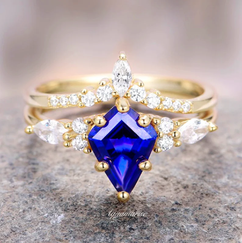 Side stone ring-Skye Kite™  Blue Sapphire Ring Set- 14K Solid Yellow Gold