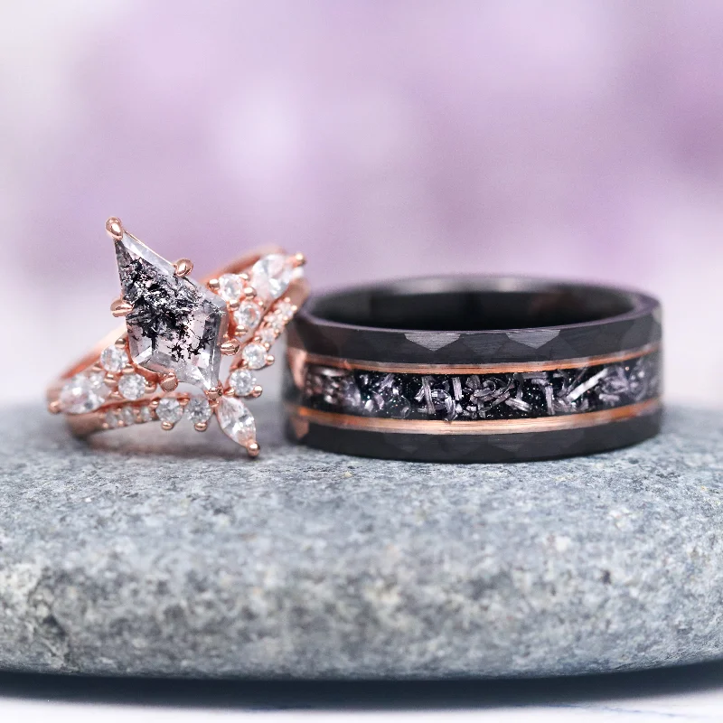 Personalized name ring-Skye Kite™ Galaxy Salt & Pepper (Herkimer) Diamond & Meteorite Couples Ring Set