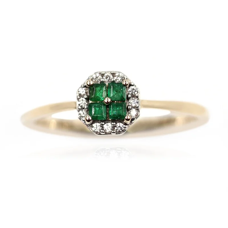 Triple stone ring-Solid 14k Gold Solitaire Ring-Natural 1.75MM Square Emerald With Diamond H-I Color, I1-I2 Clarity Ring