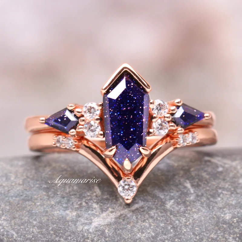 Pink tourmaline ring-Starry Night Coffin Kite Ring Set- 14K Solid Rose Gold