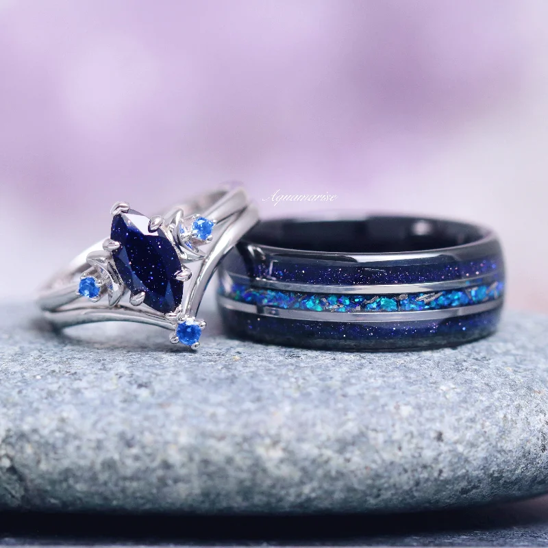 Adjustable moon ring-Starry Night, Meteorite & Blue Fire Opal Couples Ring