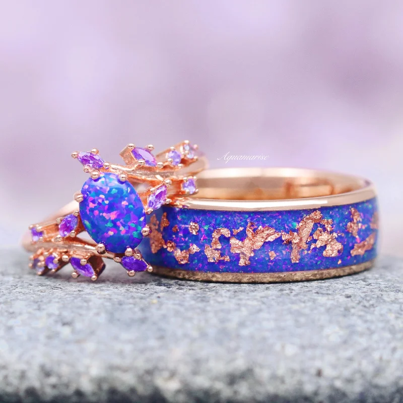 Serpent design ring-Starry Night Van Gogh Fire Opal & Rose Gold Leaf Couples Ring