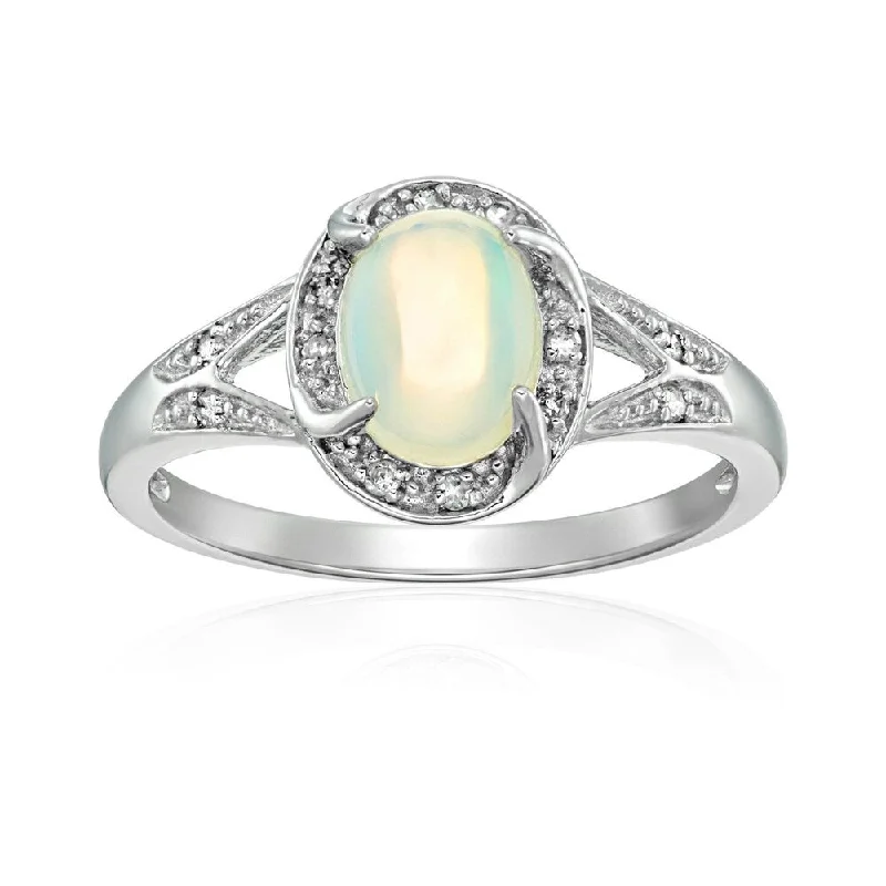 Peridot birthstone ring-Sterling Silver Ethiopian Opal & Diamond Accented Engagement Ring Size - 7