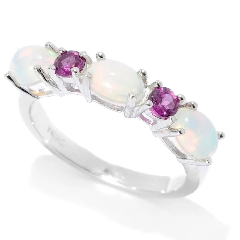 Baguette cut ring-Sterling Silver Ethiopian Opal & Rhodolite Garnet 5-Stone Band Ring