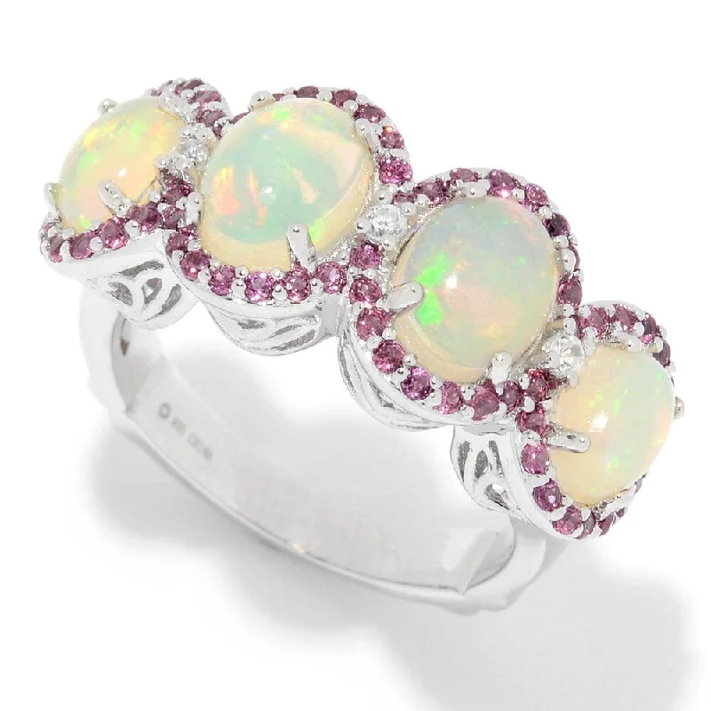 Spiral design ring-Sterling Silver Ethiopian Opal, Rhodolite & White Zircon Halo Ring