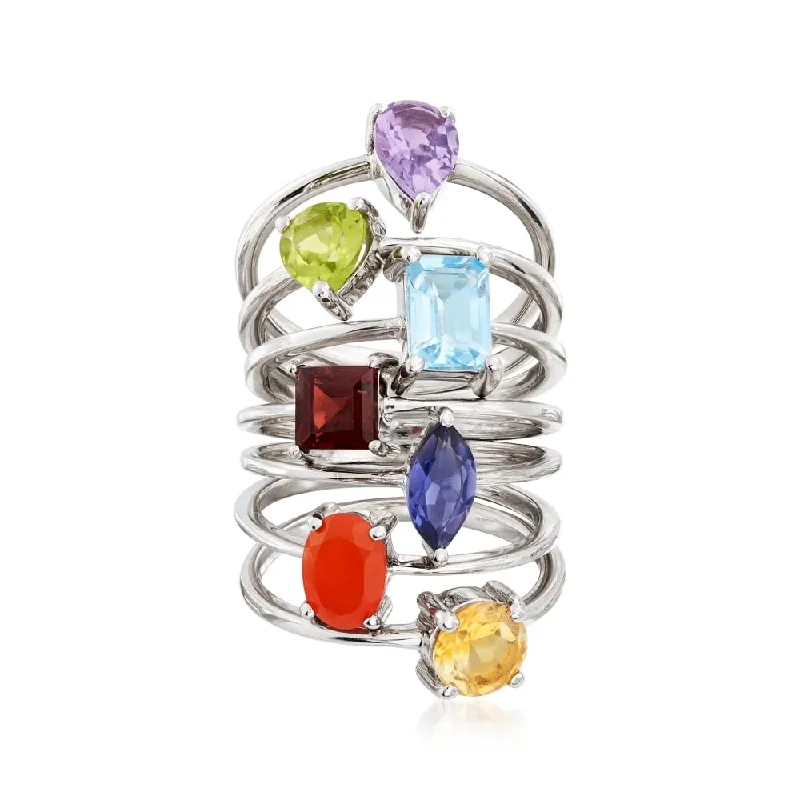 Mixed metal ring-Sterling Silver Multi Gemstone, Multi Shapes 7 Ring Sets