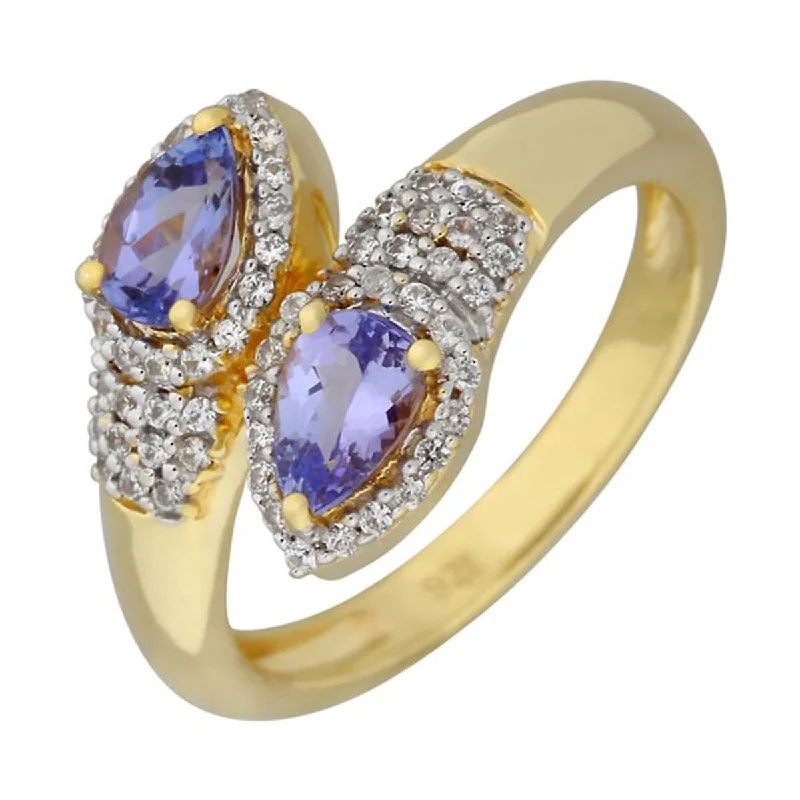 Elegant halo ring-Sterling Silver Over Gold Plated Tanzanite Bypass Ring