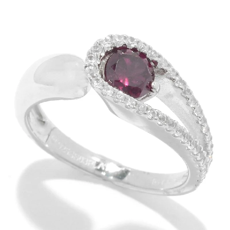 Knotted love ring-Sterling Silver Rhodolite and White Zircon Bypass Band Ring