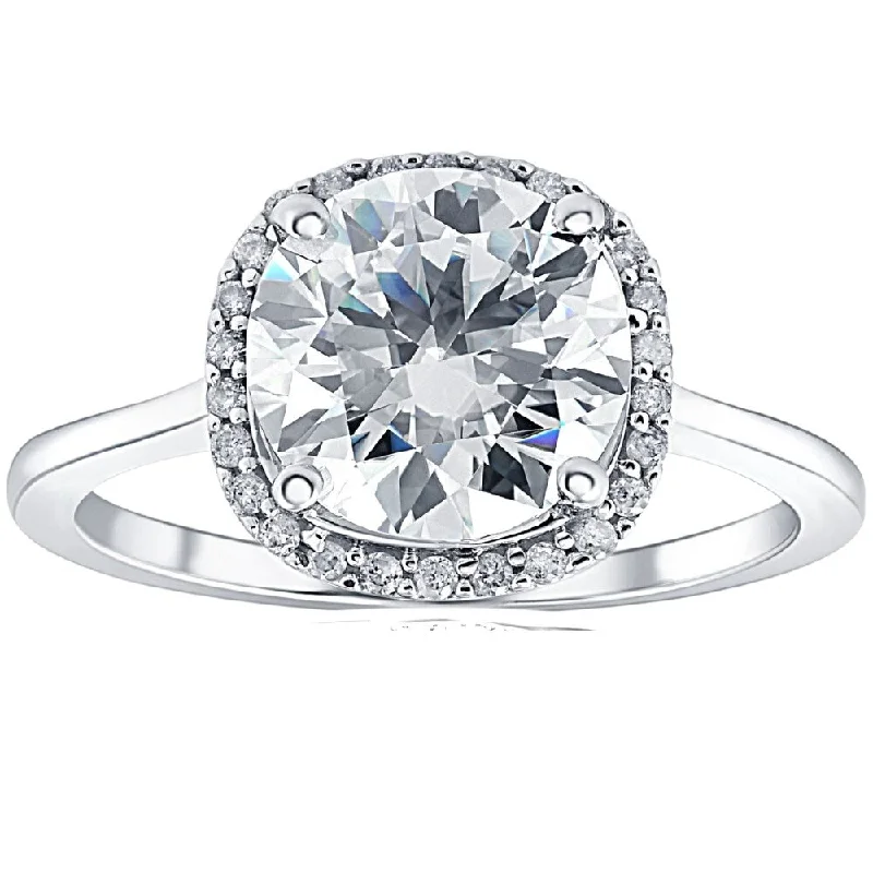 Stackable gem ring-VS 2 1/2 Ct Diamond & Moissanite Cushion Halo Engagement Ring 14k White Gold