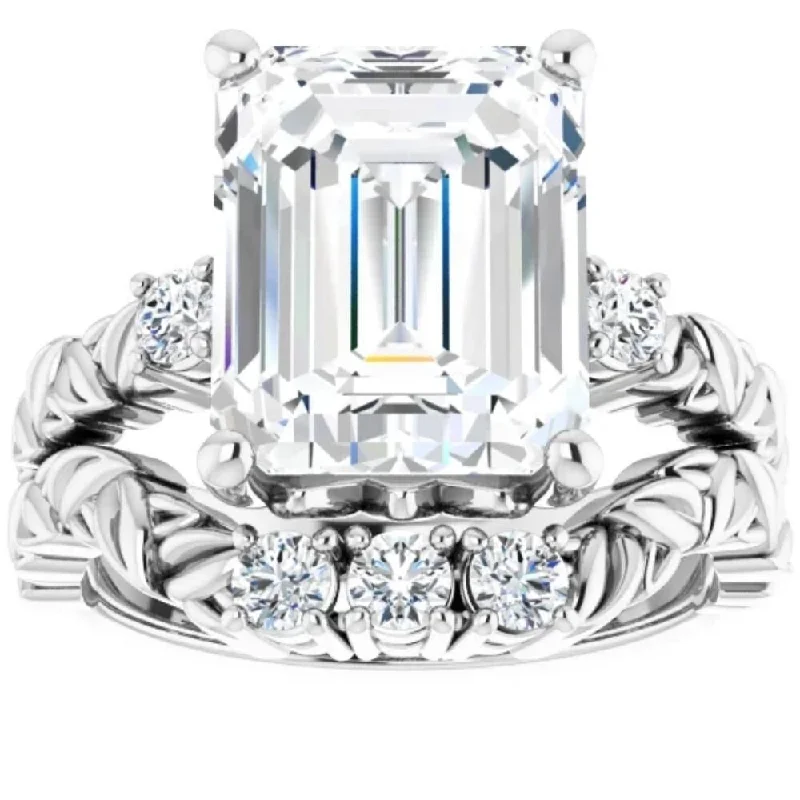 Hexagon shaped ring-VS 5 1/2Ct Diamond & Emerald Cut Moissanite Petite Leaf Engagement Set in Gold