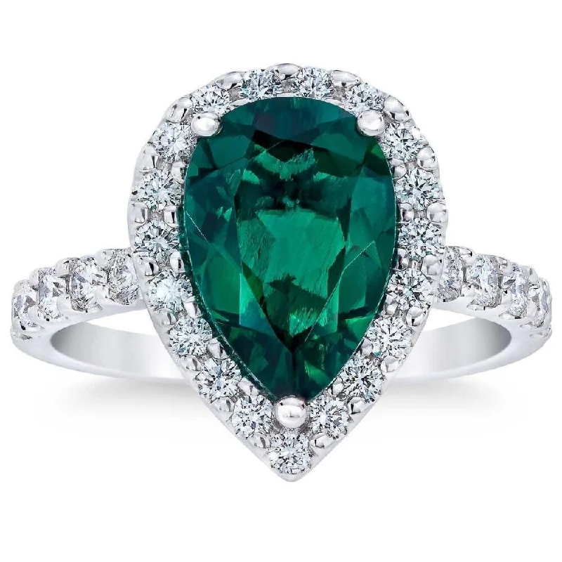 Tribal pattern ring-VS 5Ct Pear Shape Emerald & Lab Grown Diamond Halo Ring in 10k White Gold