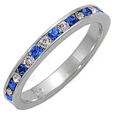 Adjustable birthstone ring-Yalena: Stackable Sapphire & Russian Ice CZ Eternity Band Ring